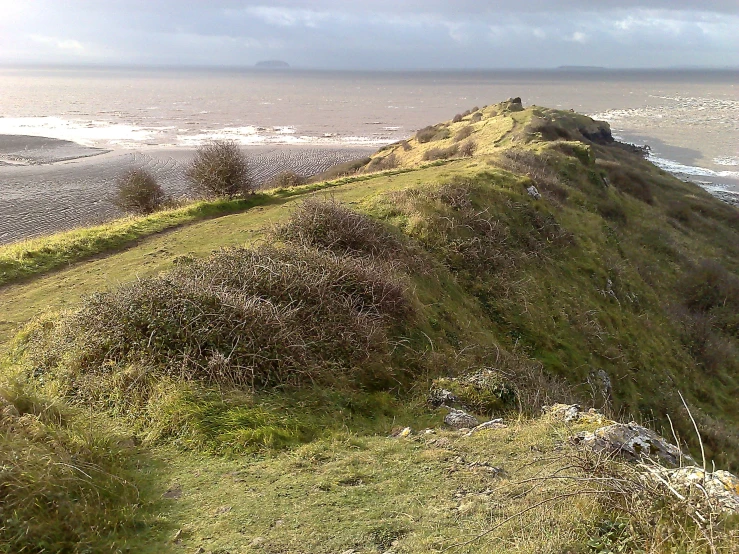 a view of a grassy hill by the ocean