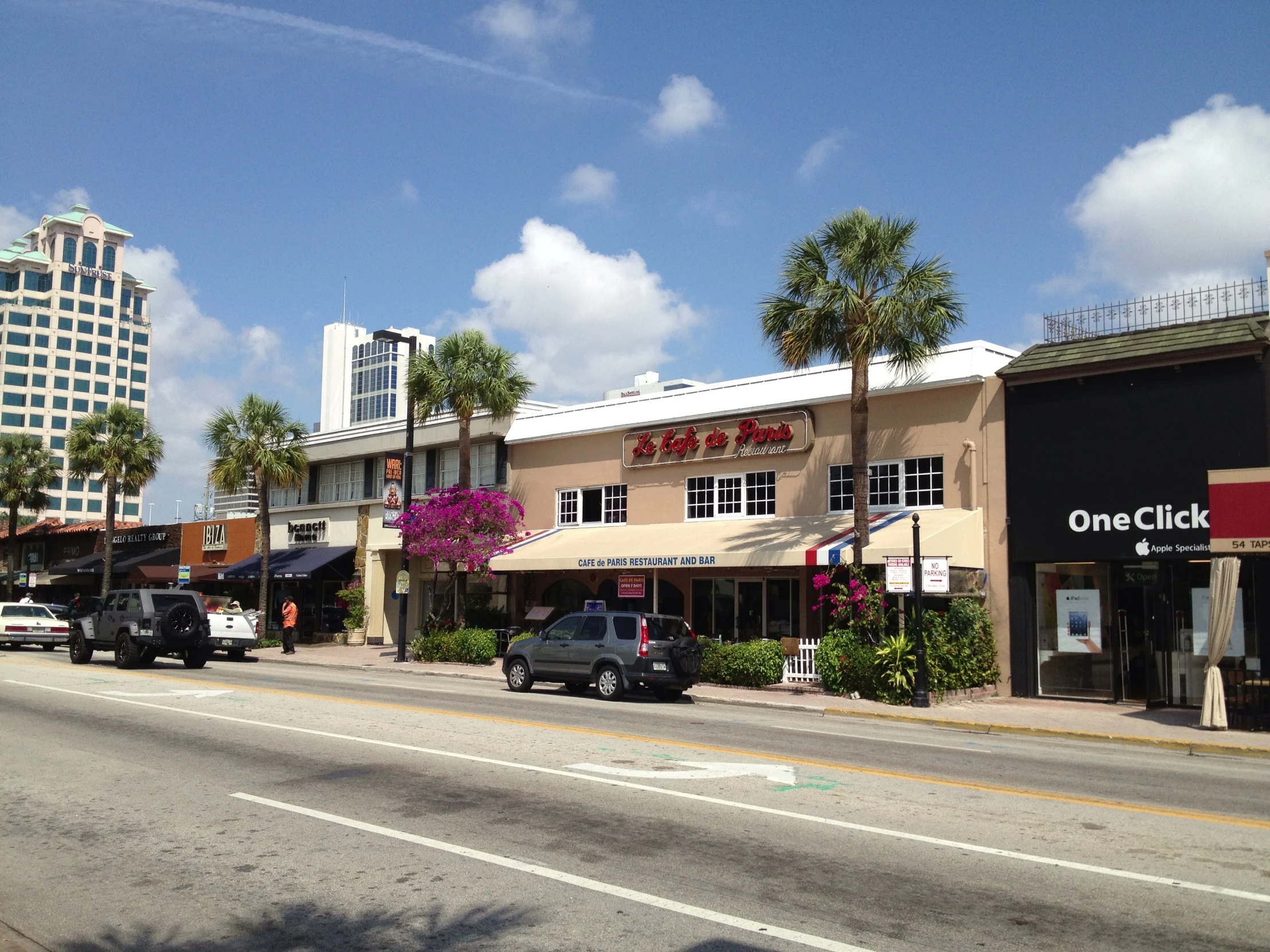 a small town in a street with shops, stores, palm trees and cars