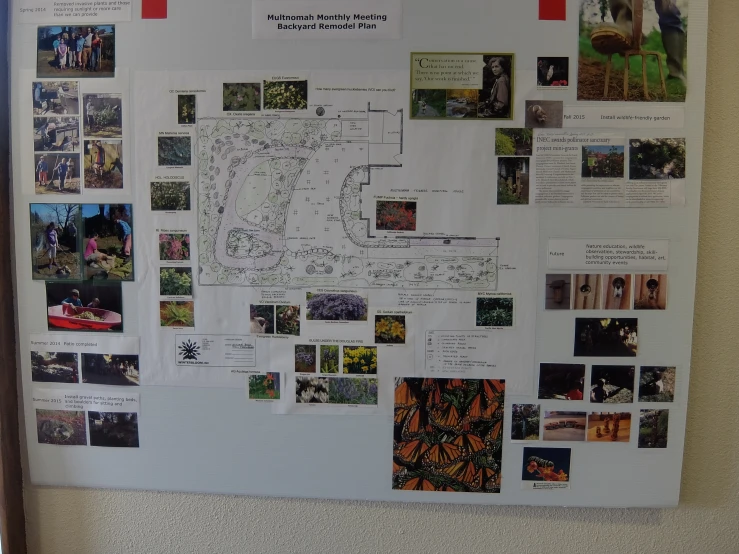 a large poster with pictures on it is pinned to the wall