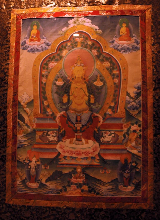 a painting depicting a golden buddha surrounded by angels