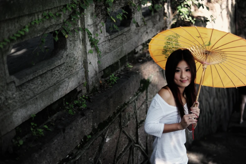 there is a woman holding an umbrella near a wall