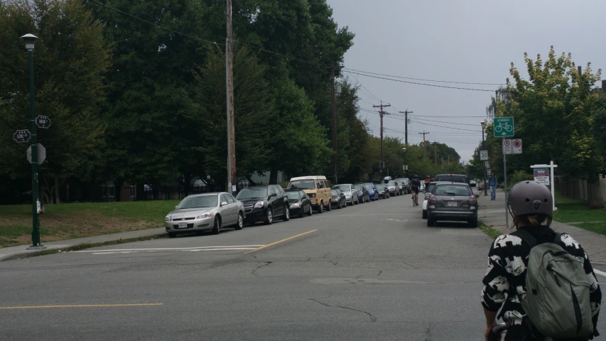 a row of cars line the side of a road