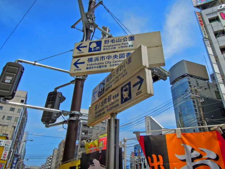 a bunch of signs on the street corner in a city