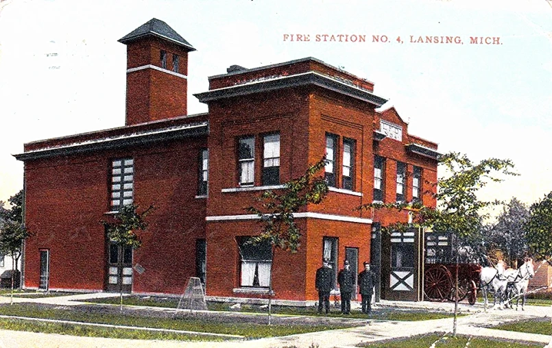 a vintage pograph of the red brick fire station and dining much