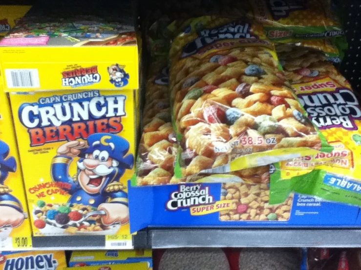 cereal in a box, on display at the grocery store