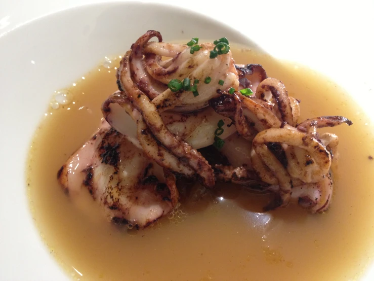 octo pieces garnished in sauce in a white plate