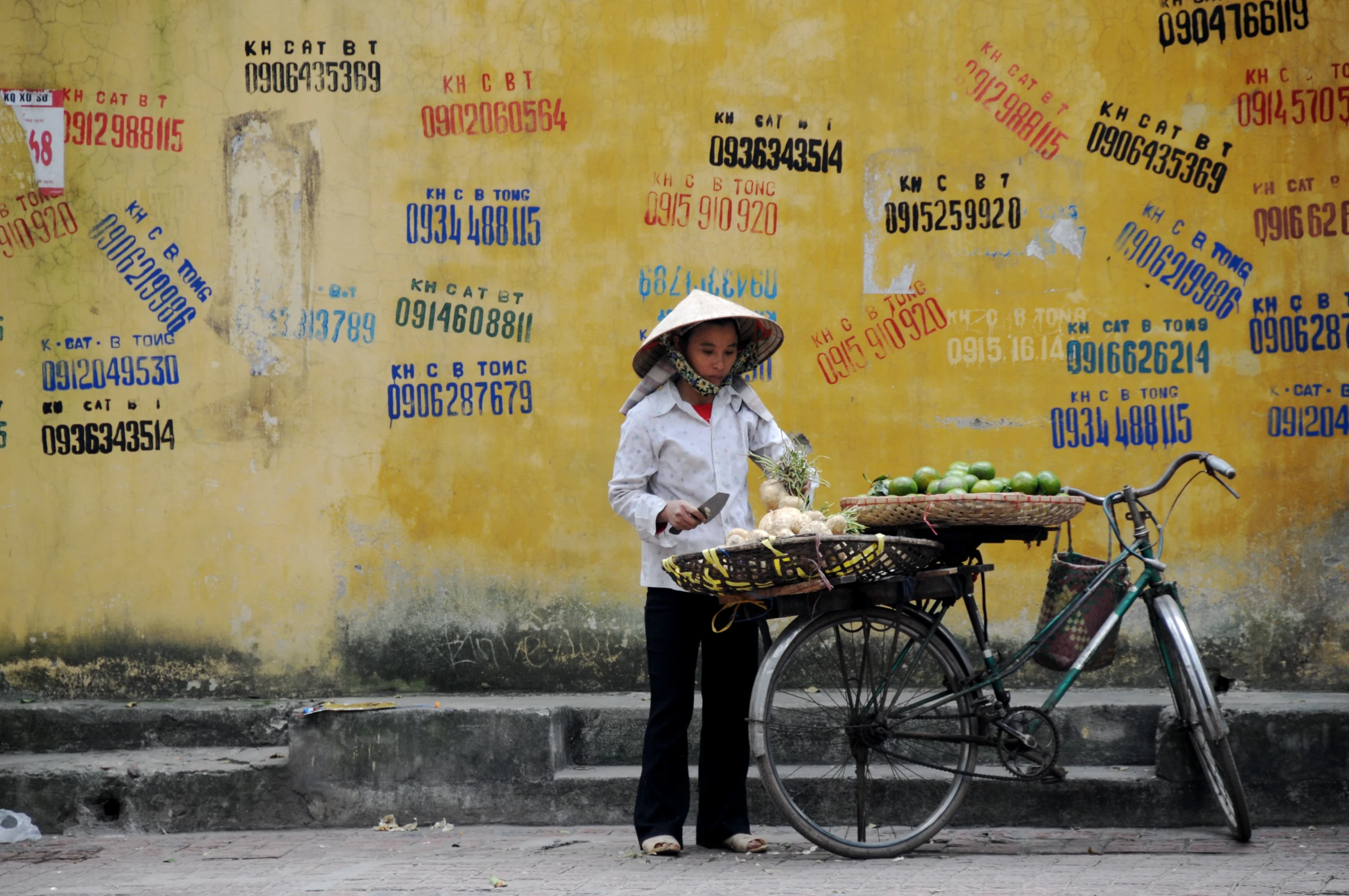 an asian woman holds a basket with fruits