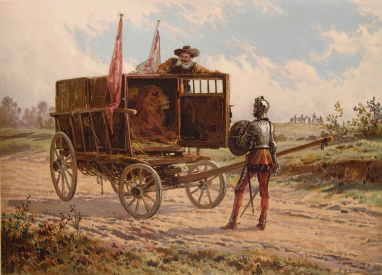 a painting of a person on a cart in the middle of the road