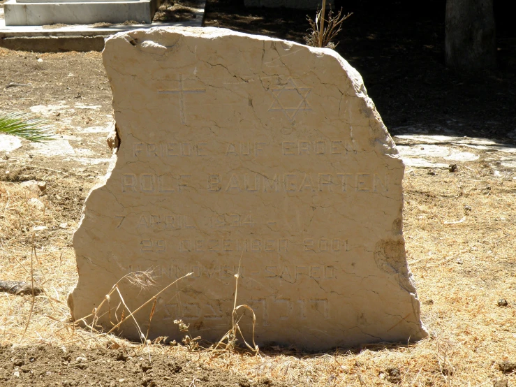 a stone head rest in the middle of some dirt