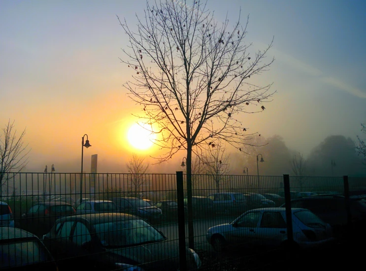 the sun is setting in a foggy parking lot