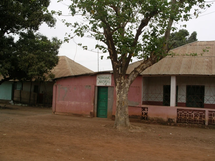 pink building with a brown roof and a tree