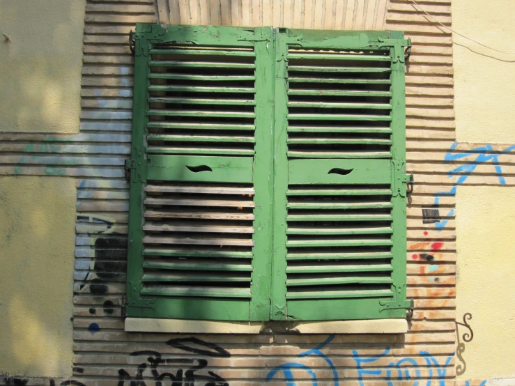 a green shuttered window with a white face drawn on it