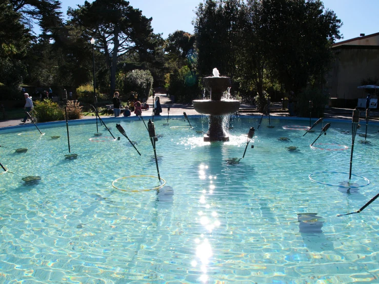 a fountain is surrounded by plants and a blue pool