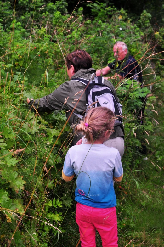 a man and two children picking plants from a forest