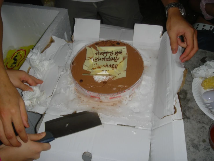 two people are reaching toward a decorated cake in a box