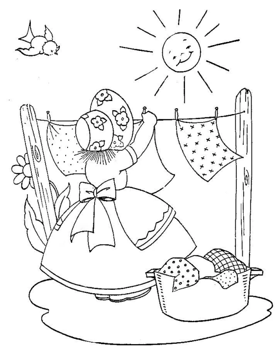 the illustration is in the outline and has a girl standing in the sun