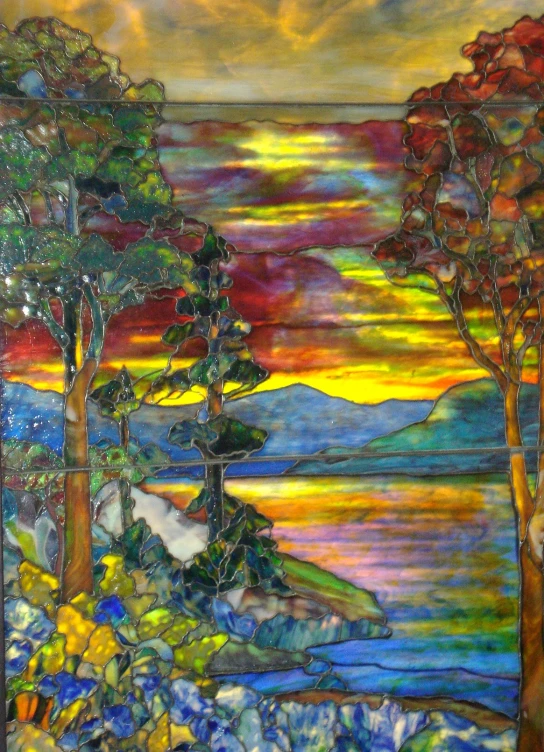 stained glass trees and water are shown
