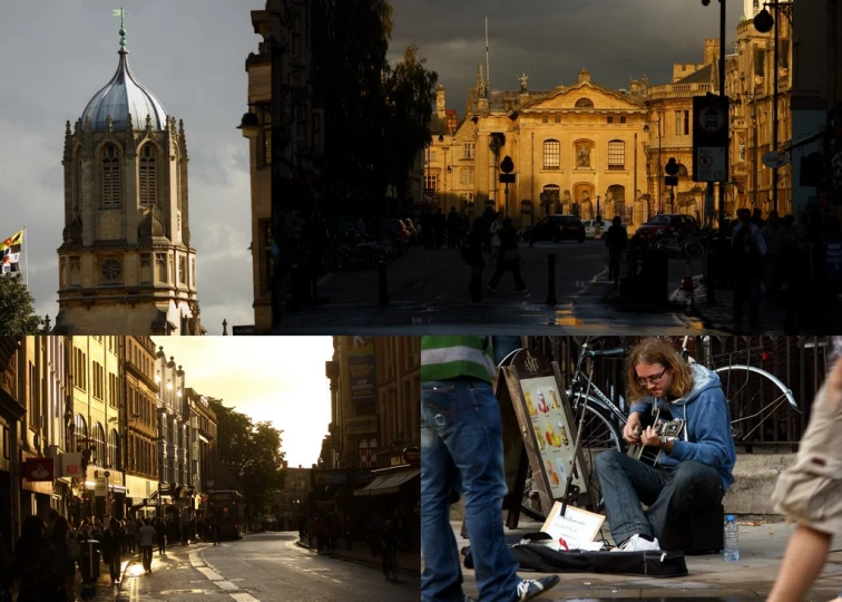 three different views of a building with three men standing on it