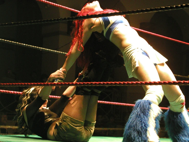 two women wrestling in an indoor ring next to each other