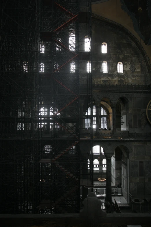 the room inside of an old building with a clock