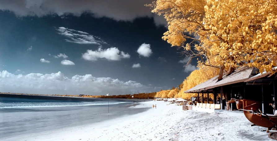 a snowy beach with a boat in the distance