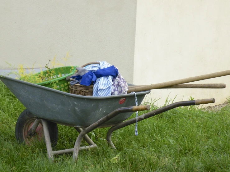 the wheelbarrow is full of stuff on the grass