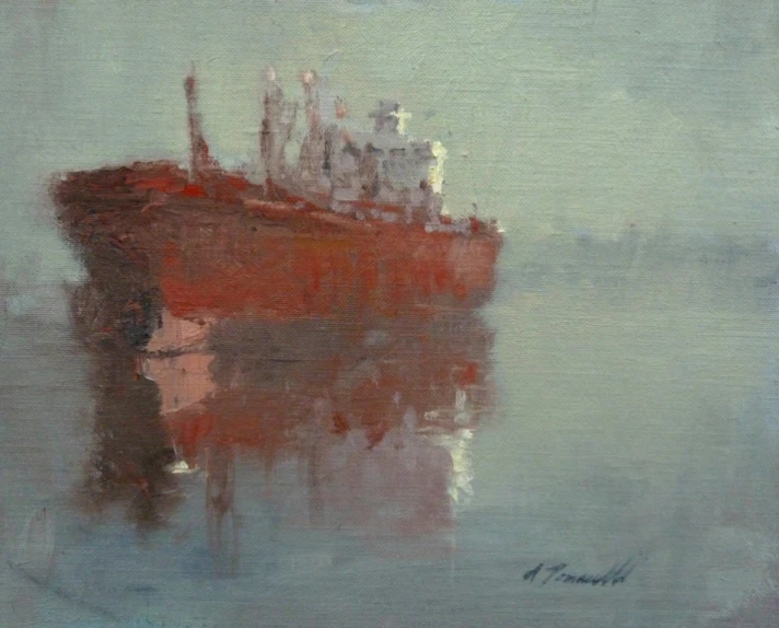 a painting of a large ship in a harbor