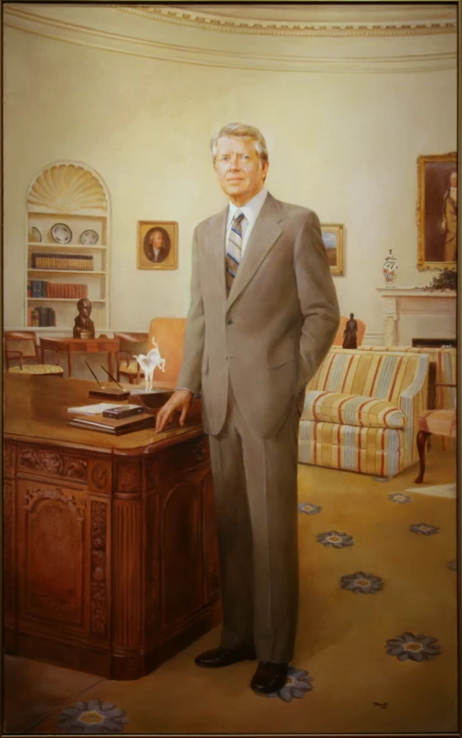 painting of man in grey suit standing by desk
