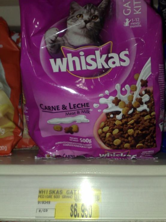 a cat lays beside packages of whiska's cat food