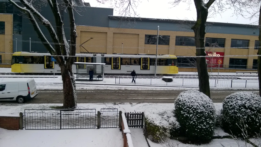 snowy city street with a building and tree nches