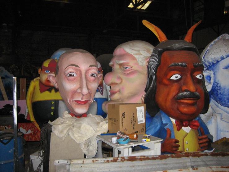 some fancy head statues with some box and a box in front of them