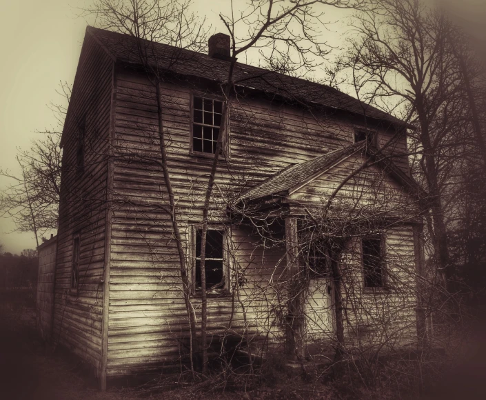 an old abandoned farmhouse sits in a field