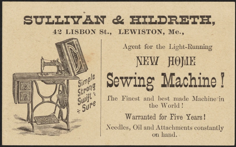 a black and white picture of an advertit for sewing machine