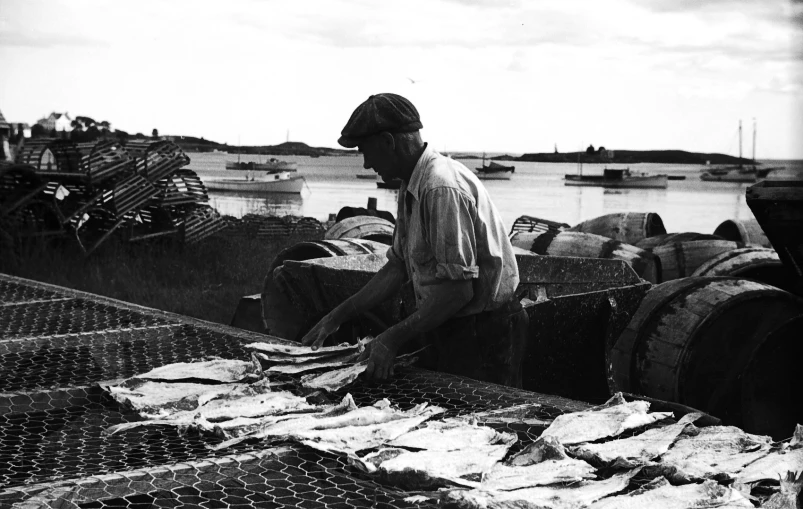 a man in a boat getting fish out of the water