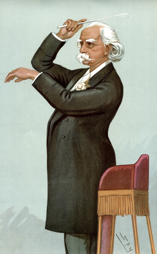 a man in a black suit and red chair holds his hands to the side