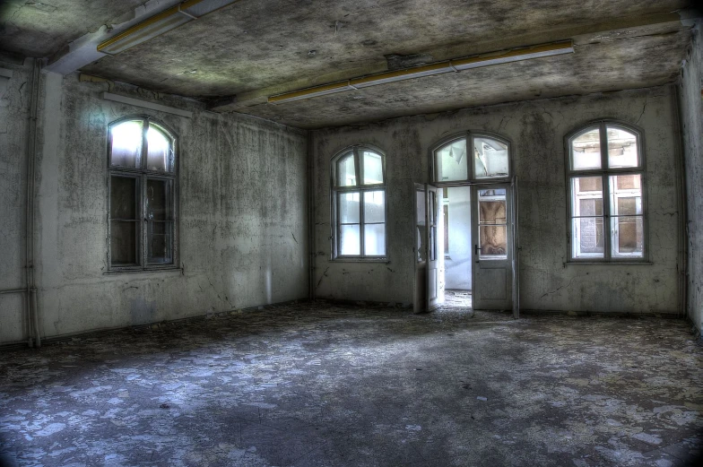 a view of an empty room with three doors and several windows