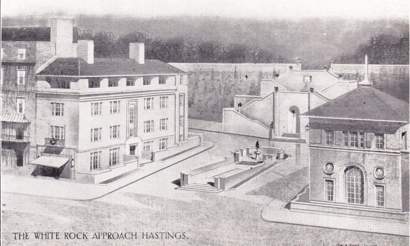 an old drawing shows the historic buildings at the foot of the hill