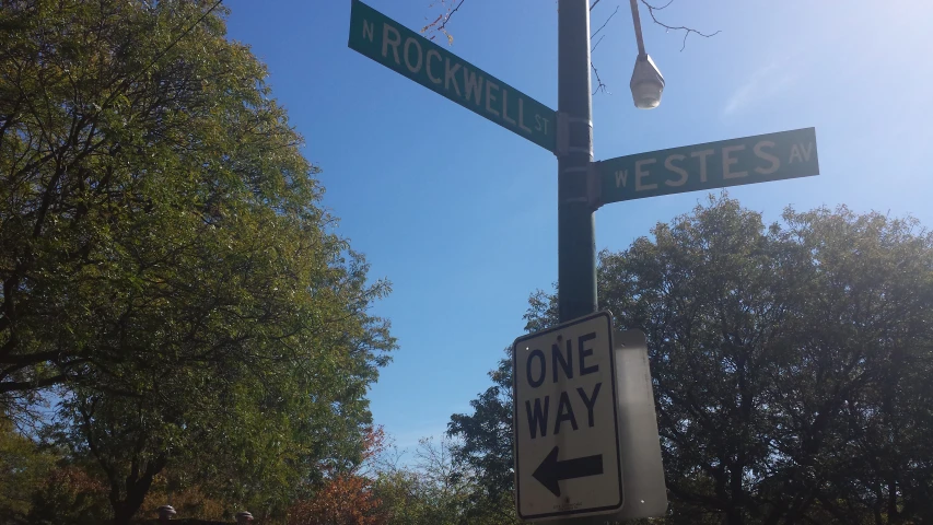 a one way sign is on a pole next to two street signs