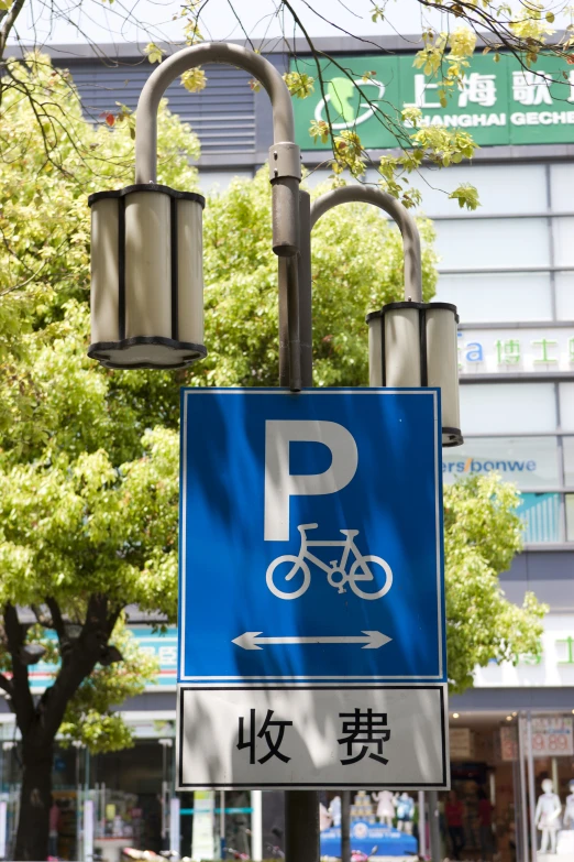 a blue street sign with an image of a bicycle on it