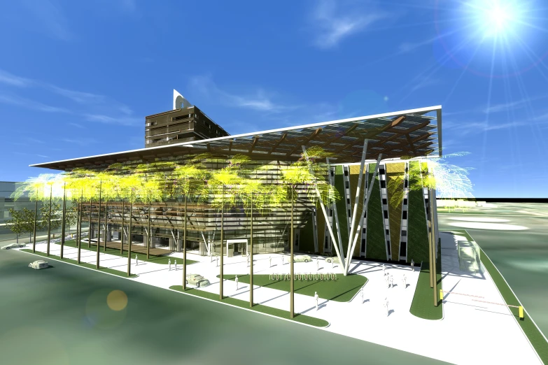 an artist's rendering of a building with trees, fences and buildings around it