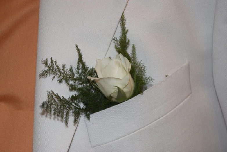 a white boutonnier with green foliage in it