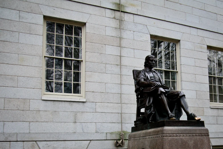 the statue of aham lincoln stands outside an older stone building