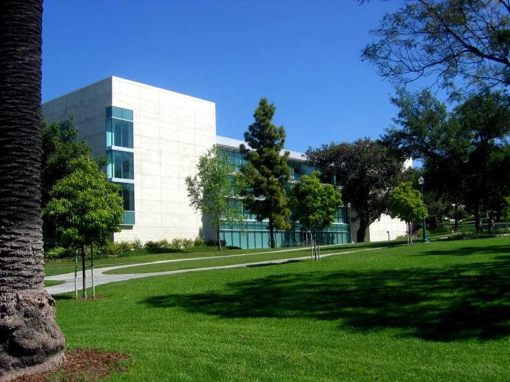 green grass is in front of the building that has it's windows opened