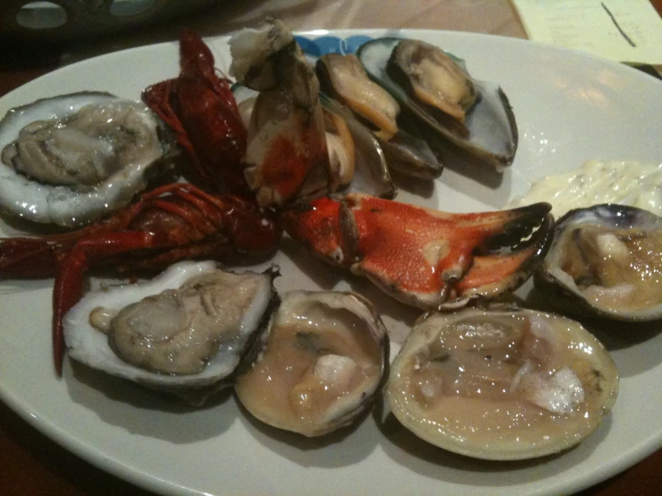 an assortment of seafood is displayed on a white plate