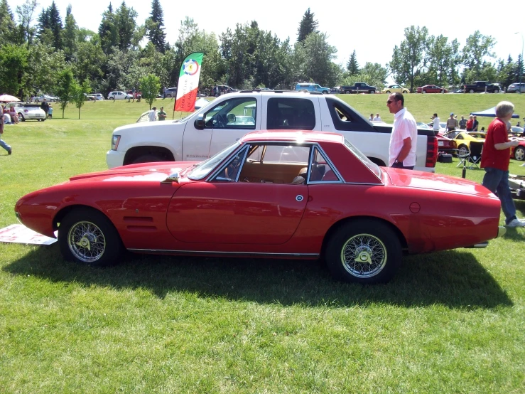 red car with no tires on grass by the people