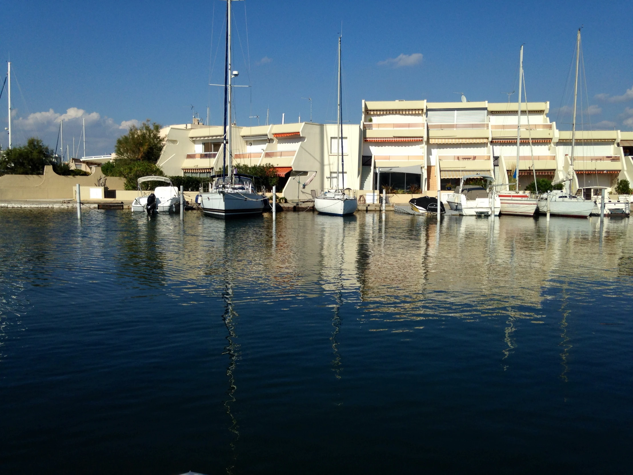 sailboats docked on water in front of building