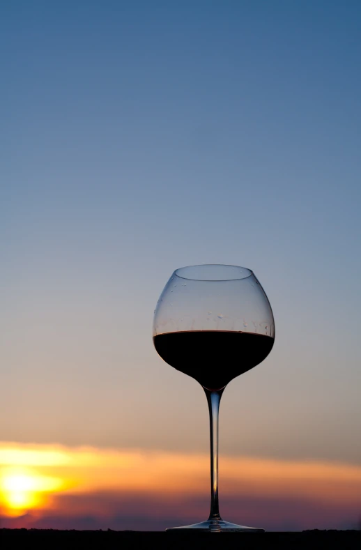 a glass of wine with sunset in the background