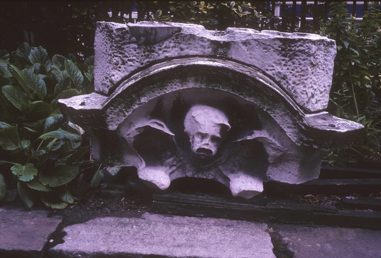 a cement bench covered with leaves and flowers