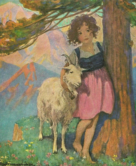 a painting of a little girl with a goat