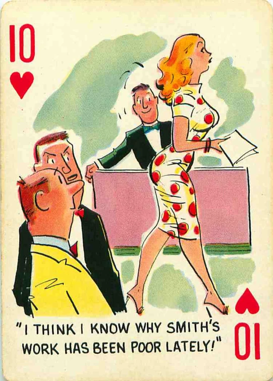 a cartoon card with some people and some women